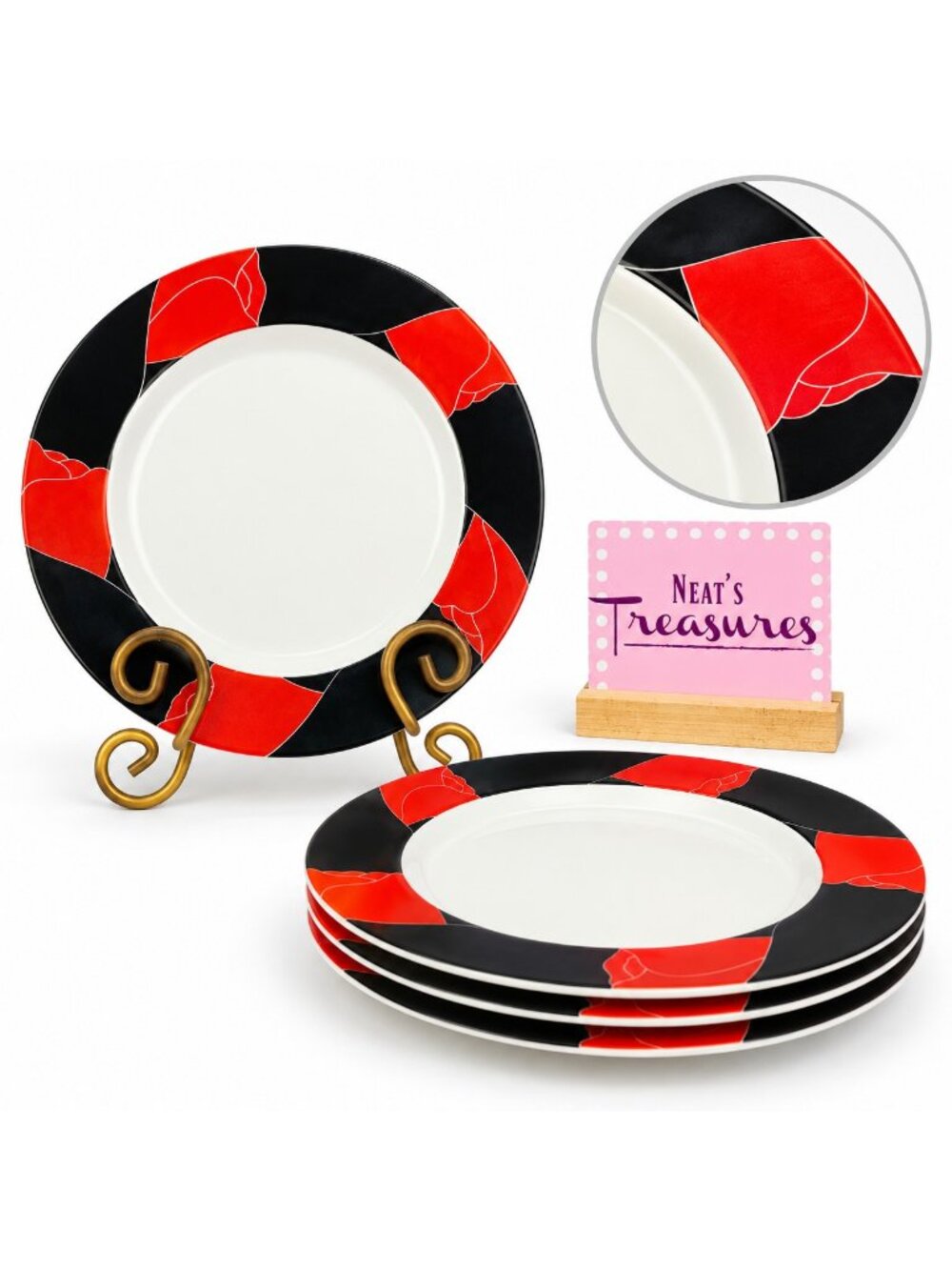 Studio Nova EVENING BOUQUET LBA08 Large Red Roses  Black Rim Salad Plates Set 4